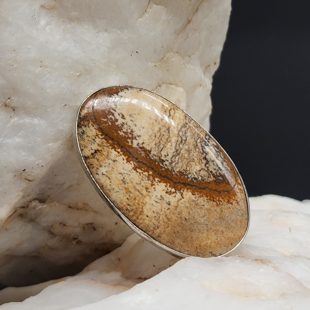 Genuine Landscape Jasper Stone White Rhodium/925 Silver Ring Artisan Boho